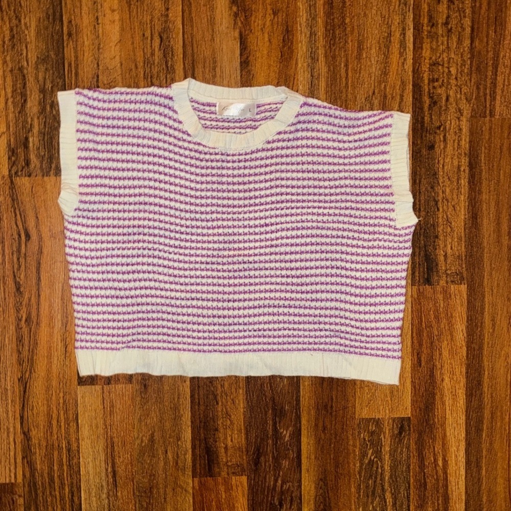 Knit Mix Womens Purple White Striped Sweater Vest Crew Neck Sleeveless Large